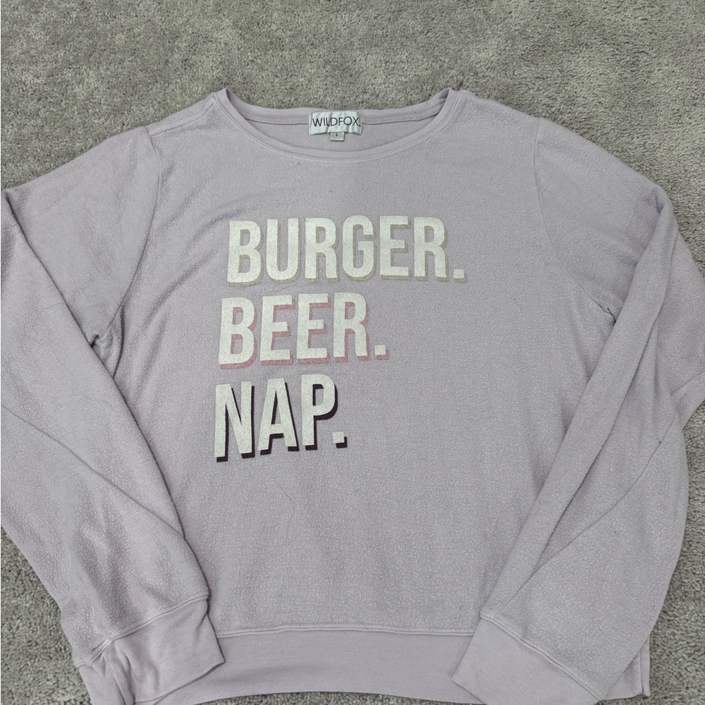 Wildfox women’s Lilac Crewneck Sweatshirt with 'BURGER. BEER. NAP.' Graphic